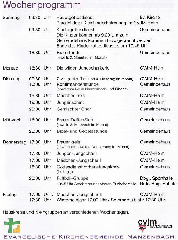 Wochenprogramm des CVJM Nanzenbach